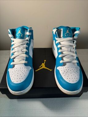 Nike Air Jordan 1 Mid Aquatone Blue Celestial Gold White. Youth. Worn twice.